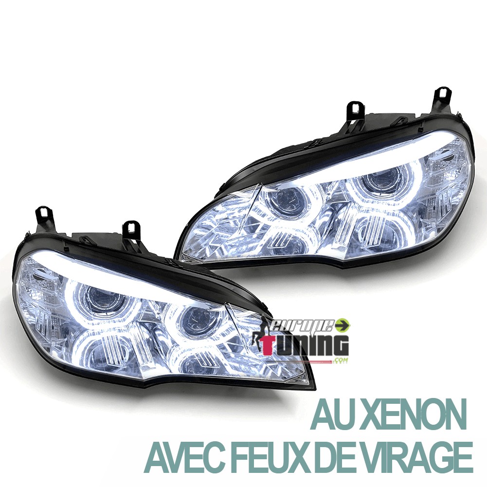 PHARES CHROME ANNEAUX LED 3D AU XENON AVEC FEUX DE VIRAGE BMW X5 E70 2007-2010 PH1 (05622)