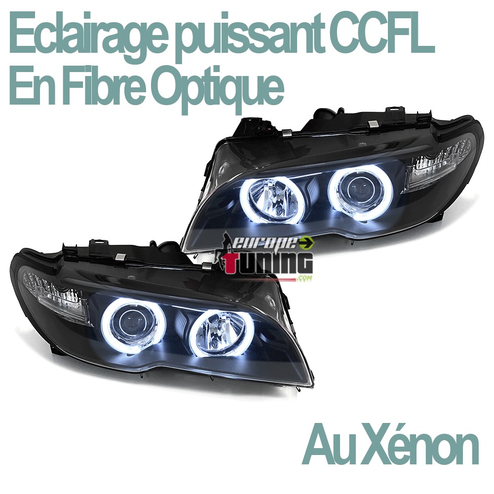 PHARES FEUX AVANTS NOIRS ANGEL EYES CCFL AU XENON BMW SERIE 3 E46 COUPE & CABRIOLET 03-07 (05312)