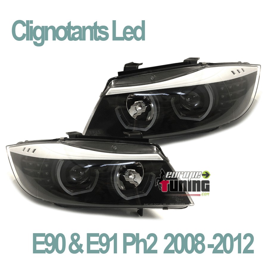 PHARES NOIRS FEUX ANGEL EYES ANNEAUX LED BMW SERIE 3 E90 & E91 PH2 08-12 (03943)