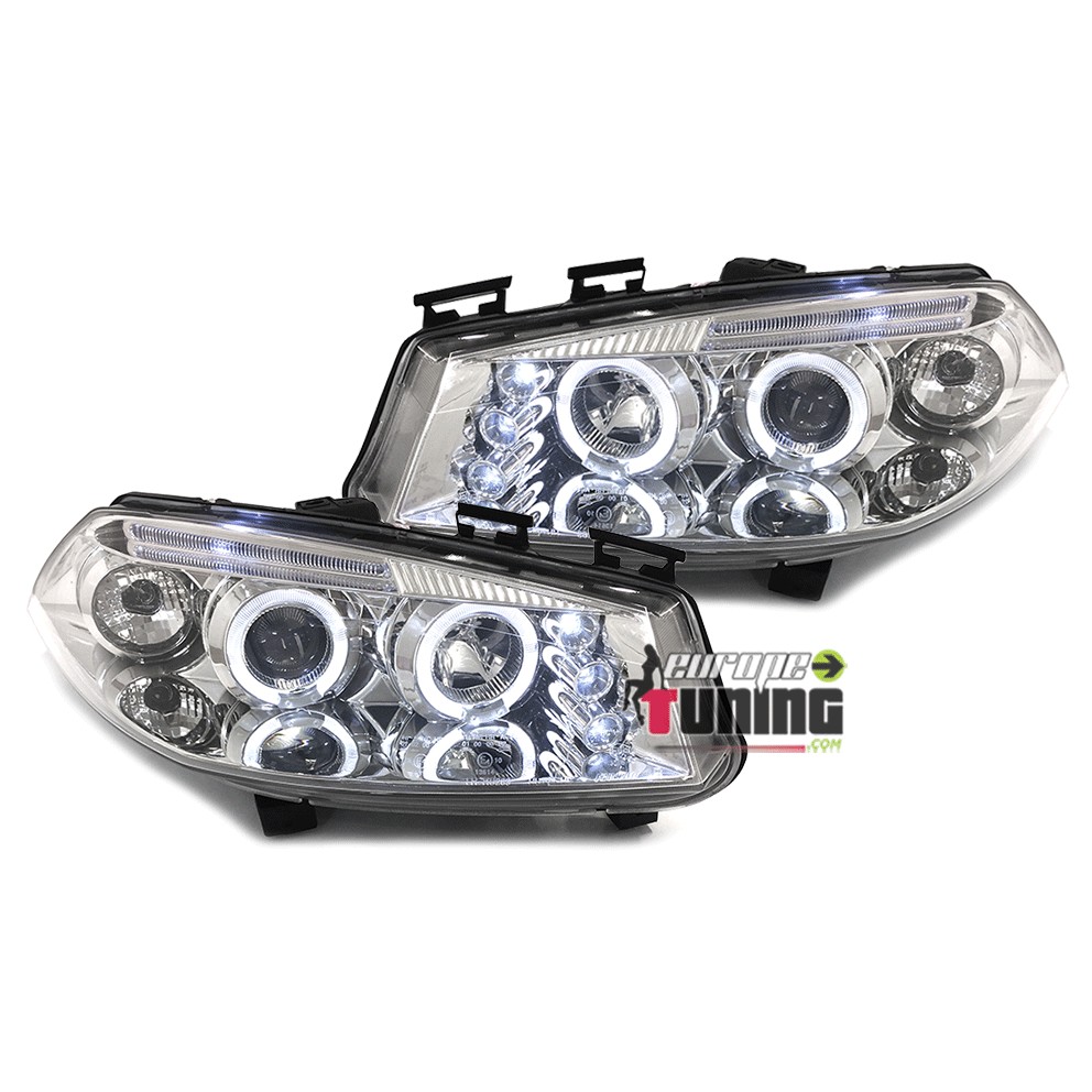 PHARES CHROME FEUX ANNEAUX LED ANGEL EYES RENAULT MEGANE II PH I 2002-2006 (12182)