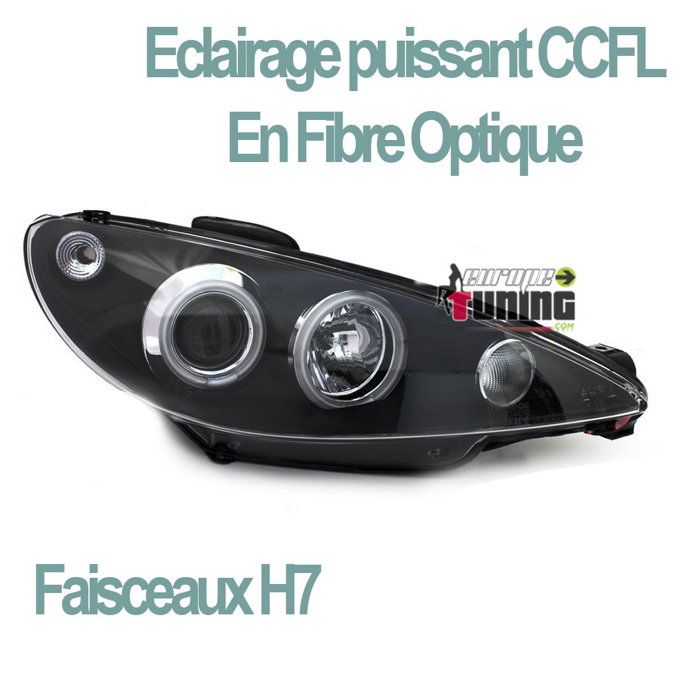 PHARES FEUX AVANTS NOIRS ANNEAUX CCFL ANGEL EYES PEUGEOT 206 2002-2009 en H7/H7 (00767)