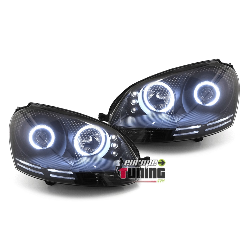 PHARES FEUX AVANTS ANGEL EYES LED CCFL NOIRS LOOK XENON VOLKSWAGEN VW GOLF 5 (02388)