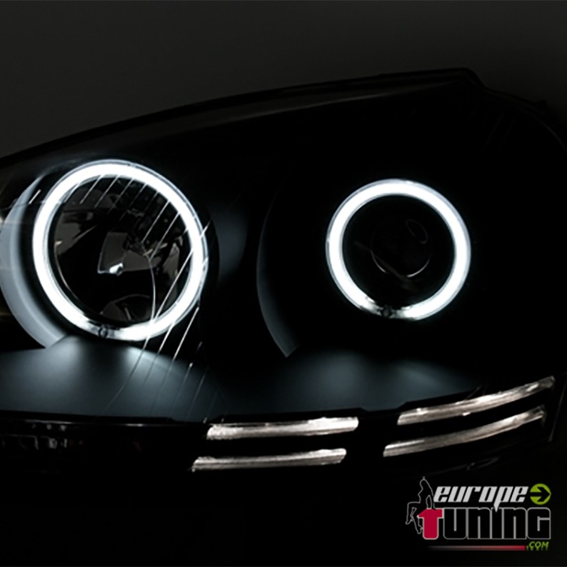 PHARES FEUX AVANTS ANGEL EYES LED CCFL NOIRS LOOK XENON VOLKSWAGEN VW GOLF 5 (02388)