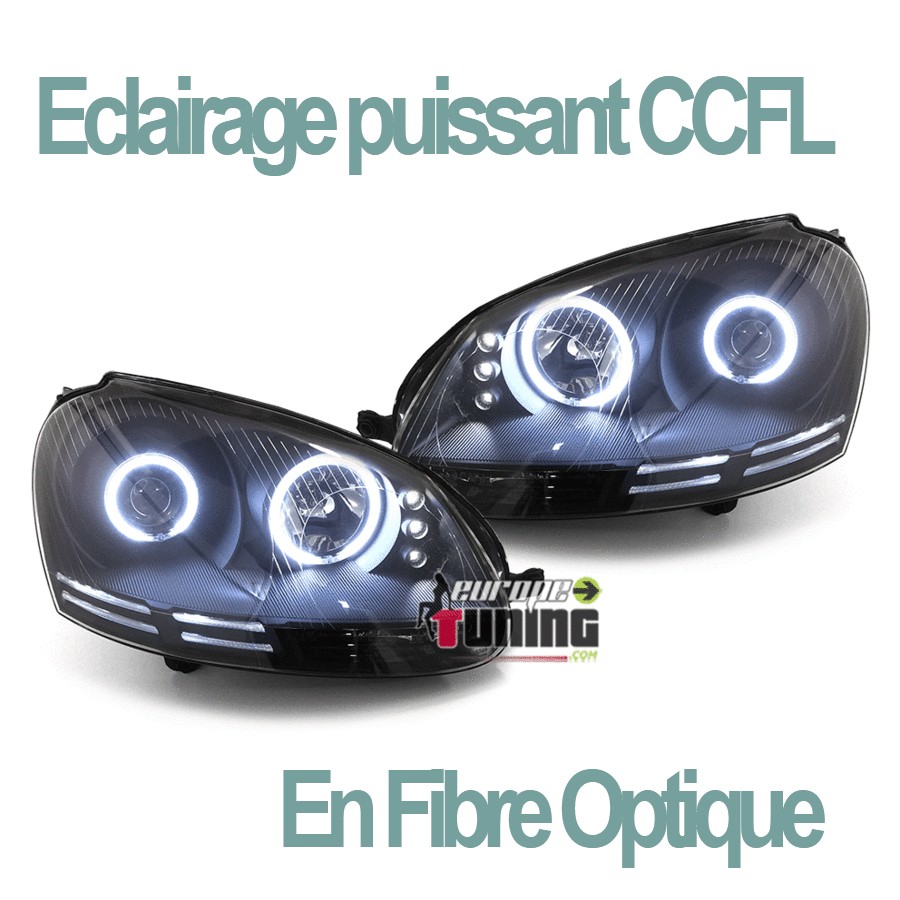 PHARES FEUX AVANTS ANGEL EYES LED CCFL NOIRS LOOK XENON VOLKSWAGEN VW GOLF 5 (02388)