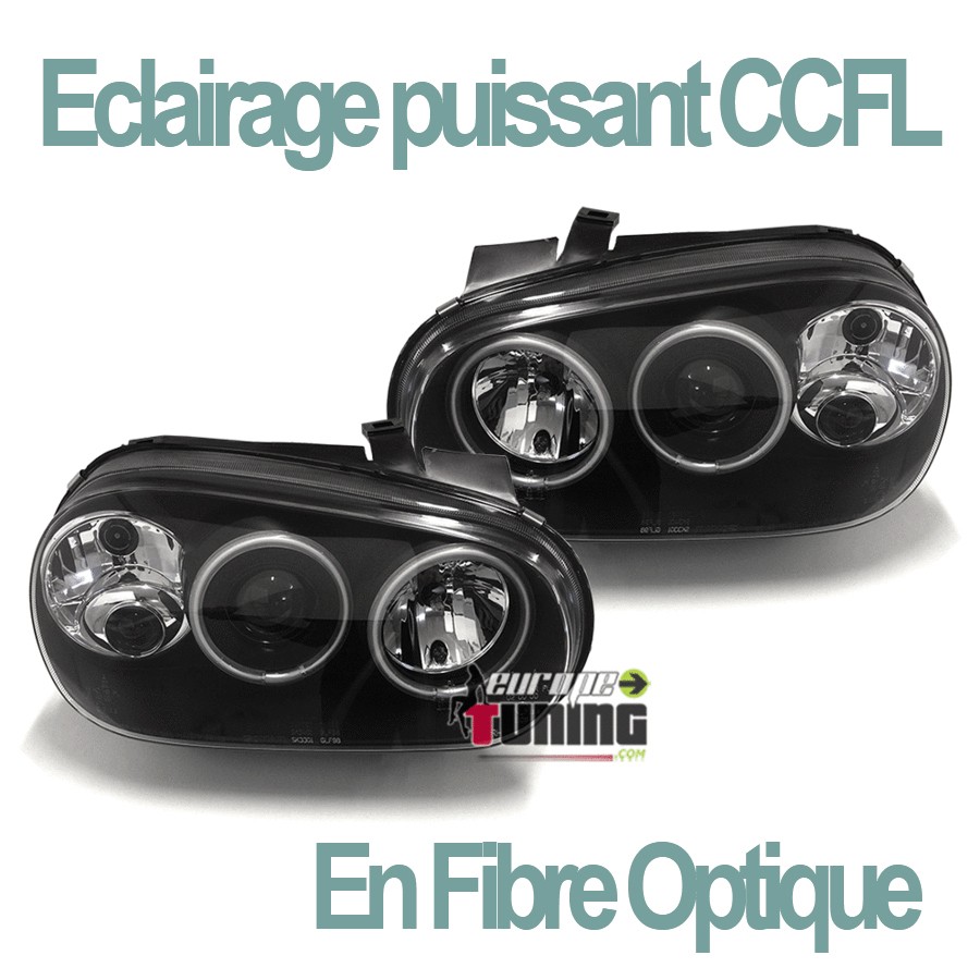 PHARES ANNEAUX LED CCFL FEUX NOIRS LOOK XENON VOLKSWAGEN VW GOLF 4 (00582)