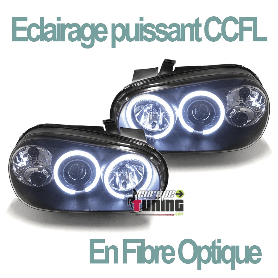 PHARES ANNEAUX LED CCFL FEUX NOIRS LOOK XENON VOLKSWAGEN VW GOLF 4 (00582)