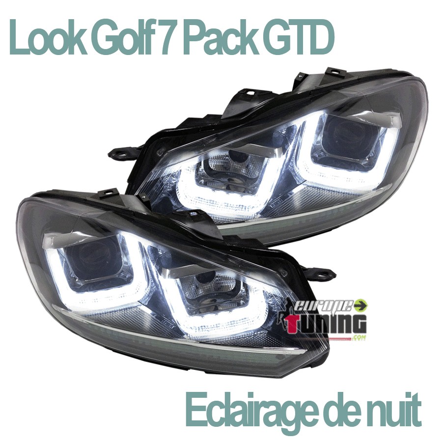 PHARES AVANTS POUR VW GOLF 6 AVEC FEUX DE JOUR LOOK GOLF 7 PACK GTD BANDES CHROME (03966)