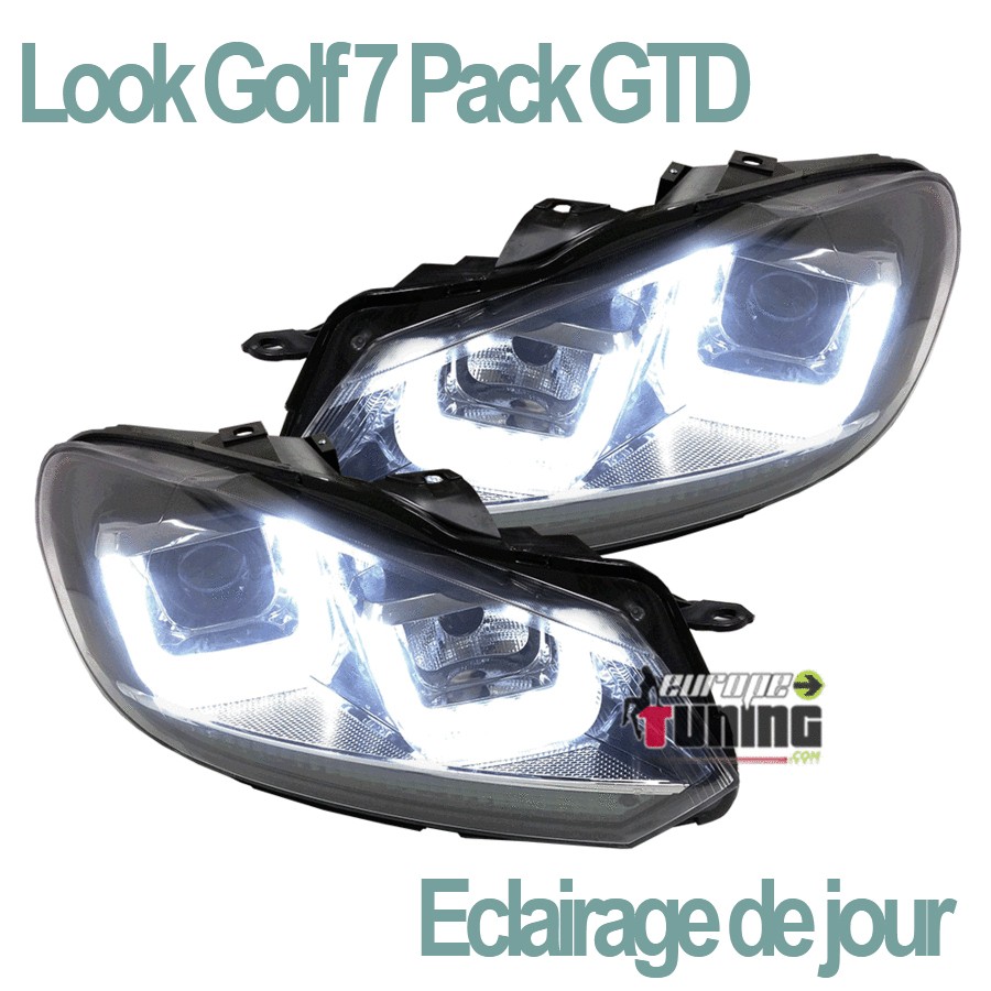 PHARES AVANTS POUR VW GOLF 6 AVEC FEUX DE JOUR LOOK GOLF 7 PACK GTD BANDES CHROME (03966)