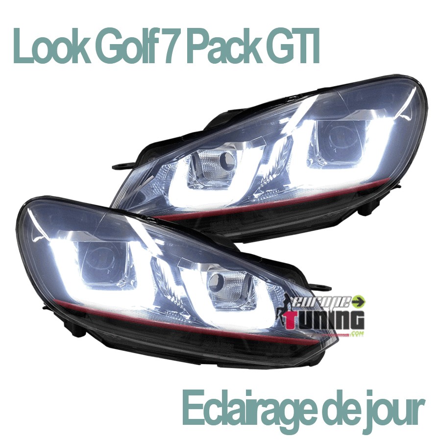 PHARES AVANTS POUR VW GOLF 6 AVEC FEUX DE JOUR LOOK GOLF 7 PACK GTI BANDES ROUGES (03967)