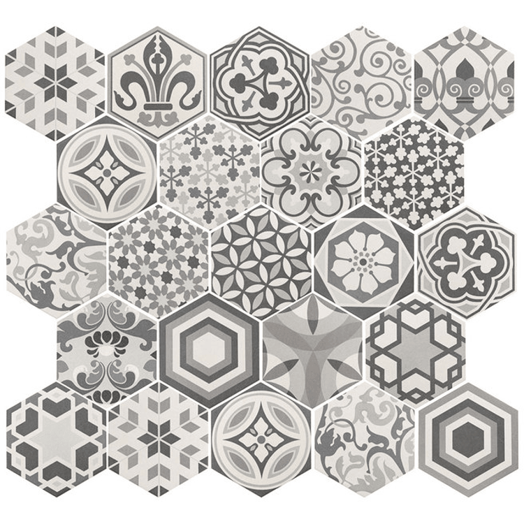 HEXATILE - HARMONY B&W - Carrelage 17,5X20 cm Hexagonal patchworck décors mate blanc noir