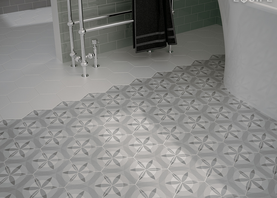 HEXATILE - NATURE B&W - Carrelage 17,5X20 cm hexagonal motif fleur noir blanc