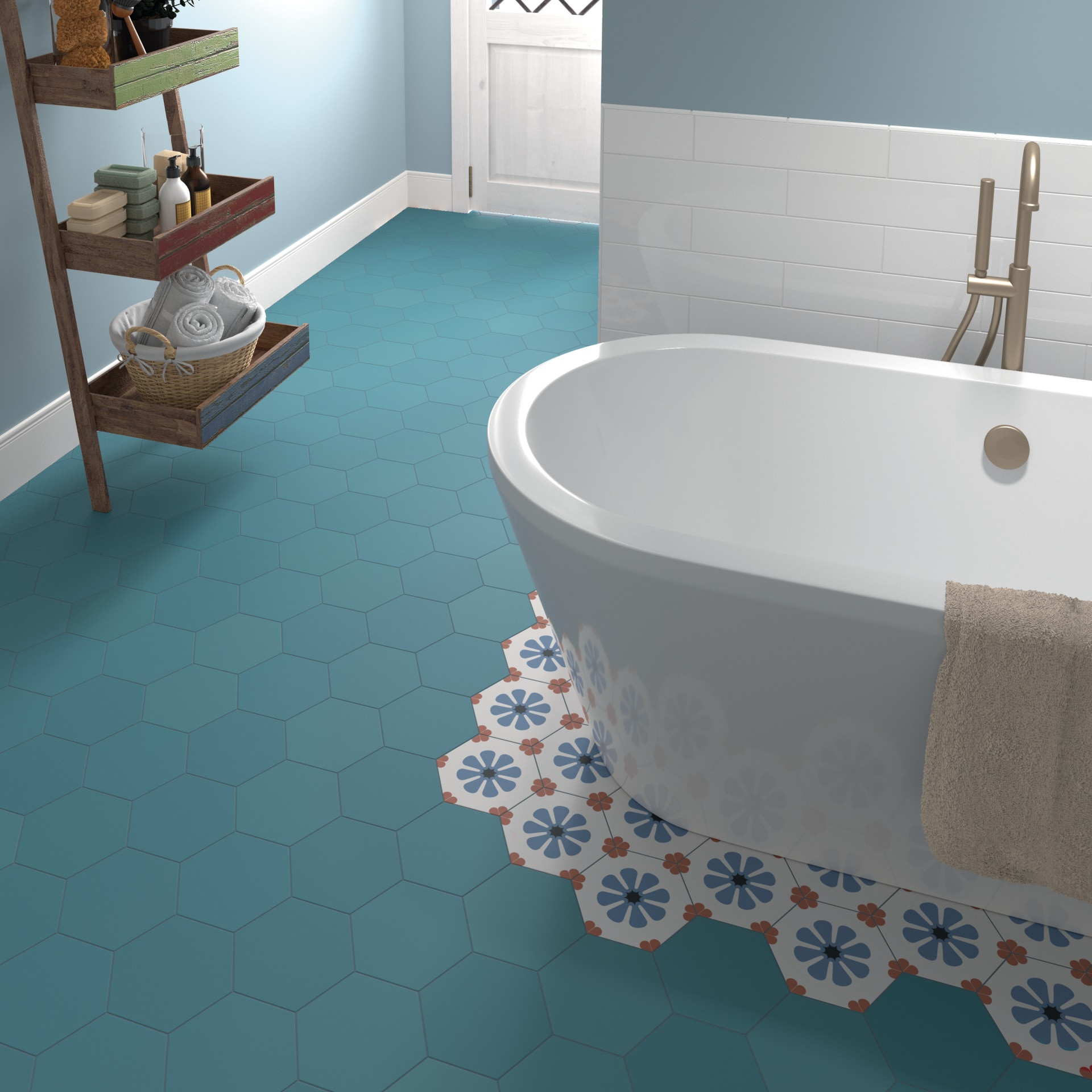 COIMBRA AZURE 30636 - Carrelage 17,5x20 cm hexagonal uni aspect carreaux de ciment bleu azur