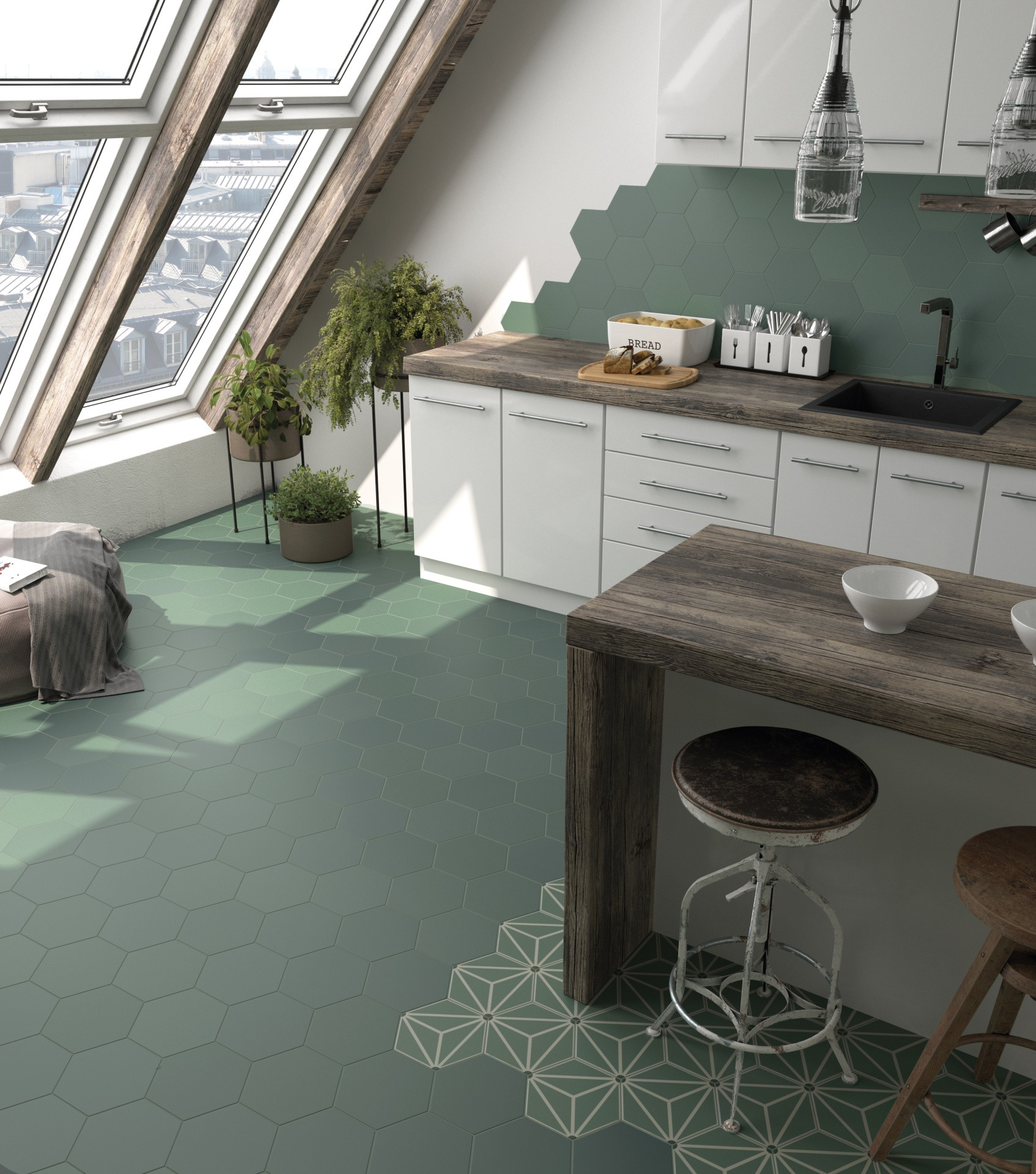 COIMBRA PICKLE GREEN 30638 - Carrelage 17,5x20 cm hexagonal uni aspect carreaux de ciment vert