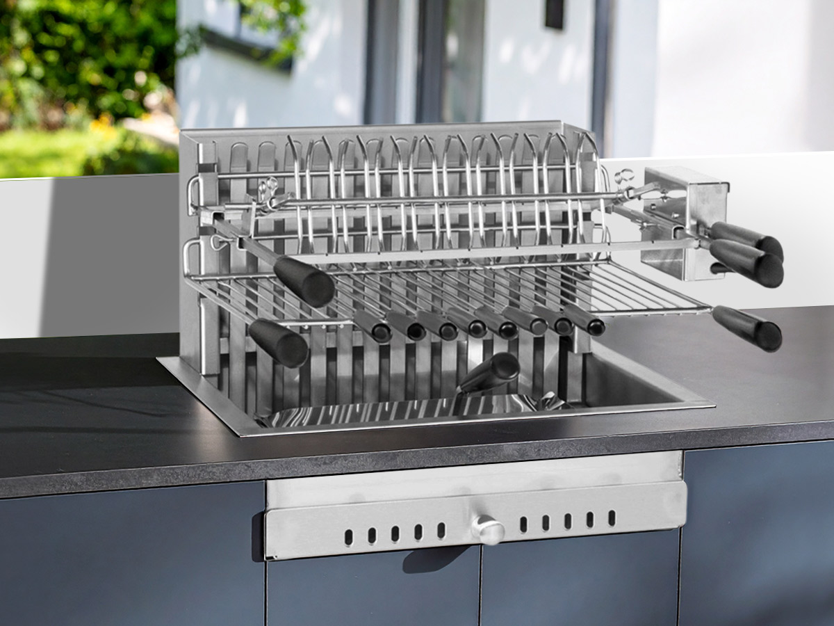 Barbecue charbon encastrable et à poser avec tournebroche électrique 918.56 - Forge Adour