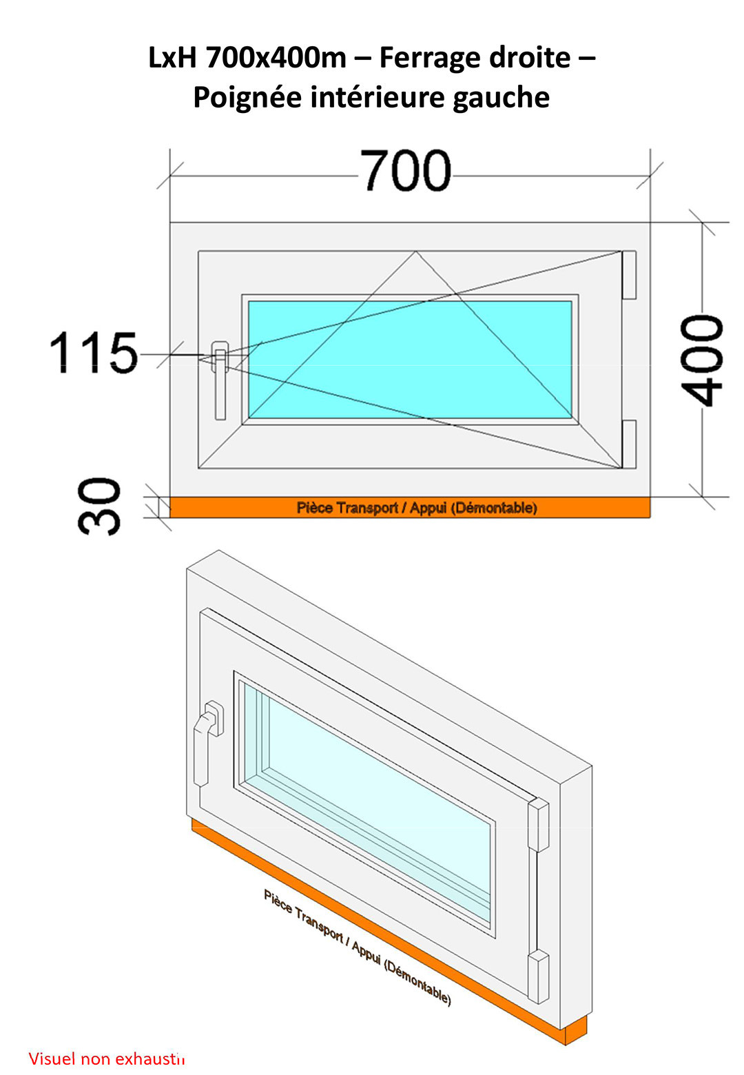 Fenêtre PVC - Triple Vitrage - Tirant droite - Poignée à gauche - Ferrage droite - Blanc & Anthracite