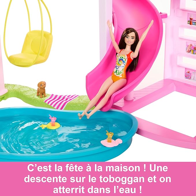 Barbie Coffret Maison de Rêve Poupée Mannequin, Design en Spirale sur 3 Niveaux, 10 Espaces de Vie Inclus Piscine, Toboggan, et Ascenseur