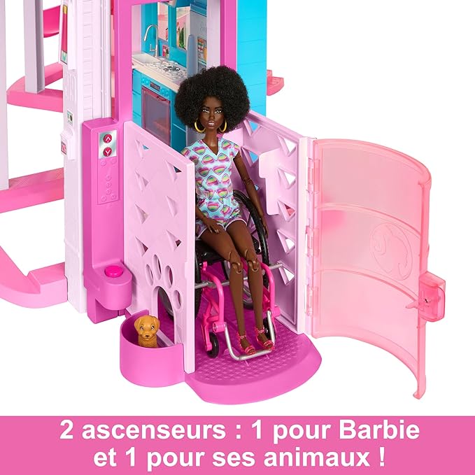 Barbie Coffret Maison de Rêve Poupée Mannequin, Design en Spirale sur 3 Niveaux, 10 Espaces de Vie Inclus Piscine, Toboggan, et Ascenseur