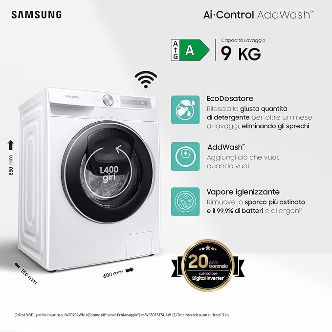 Samsung Ai Control Addwash Lave-linge avec échodoseur WW90T684DLH/S3, Libre installation, 9 kg, 1400 tr/min, classe A, WiFi, vapeur, 60 l x 85 h x 55 p cm, blanc [Classe énergétique A]