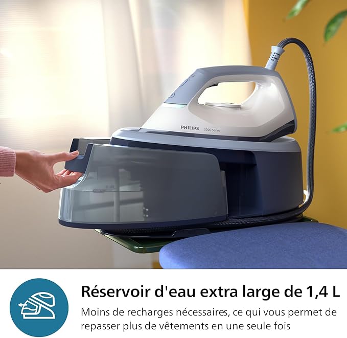 Philips Générateur de vapeur série 3000, Jusqu'à 25% de temps en moins pour le repassage*, Rapide et puissant, Compact et pratique, Facile et sûr, Deep Azur (PSG3000/20)