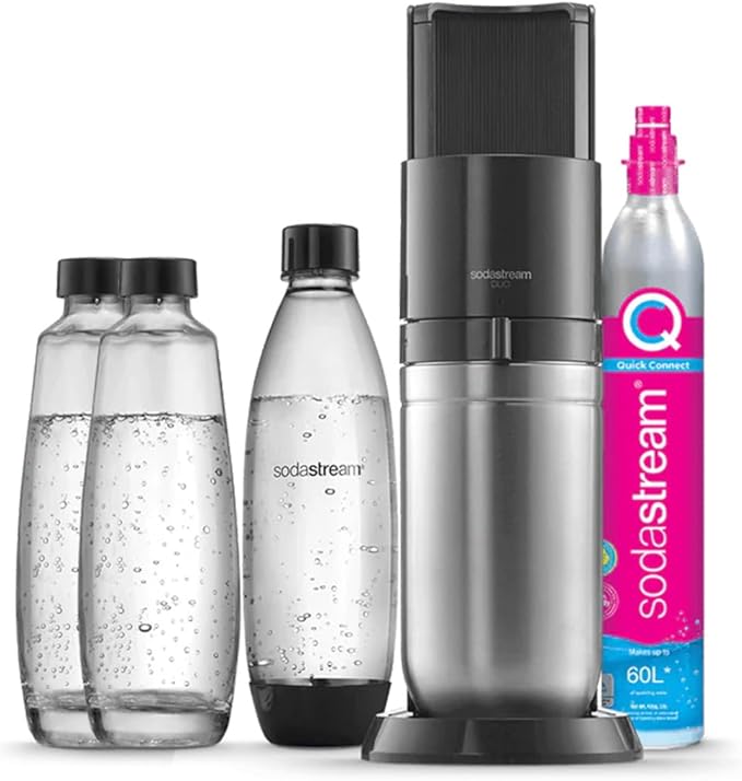 SodaStream DUO Machine à Eau Pétillante pour Carafe en Verre | Pack 2 Carafes en Verre 1L + 1 Bouteille 1L Compatibles Lave-Vaisselle + 1 Recharge de Gaz 60L à Clipser | Noire [Amazon Exclusive]