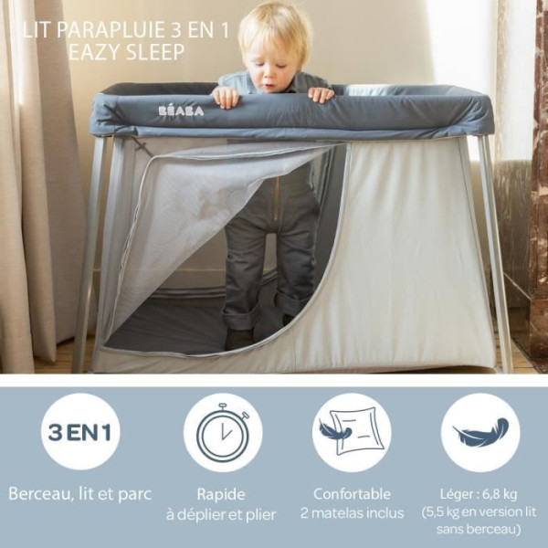 Lit parapluie 3 en 1 BEABA Eazy Sleep - Gris minéral