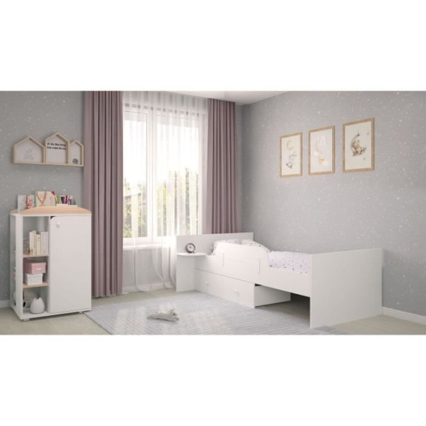 Polini - lit combiné évolutif Ameli blanc/naturel de 60x120 cm a 90x190 cm - Tiroir, sommier, barriere de lit et tablette incl