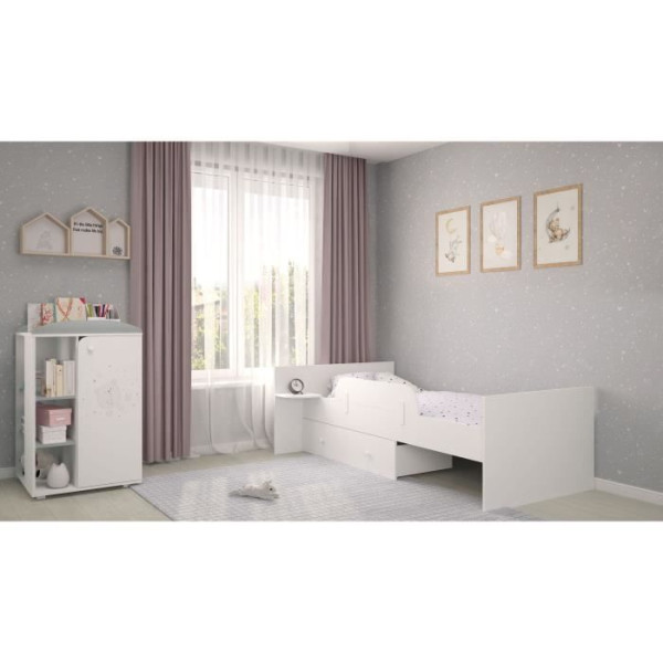 Polini - lit combine evolutif teddy blanc/gris de 60x120 cm a 90x190cm - Tiroir, sommier, barriere de lit et tablette inclus