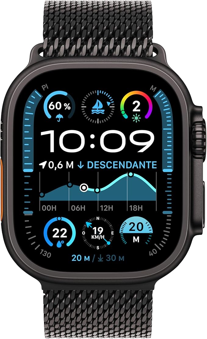 Apple Watch Ultra 2 GPS + Cellular, Boîtier en Titane Noir de 49 mm, Bracelet Milanais Titane Noir - Medium