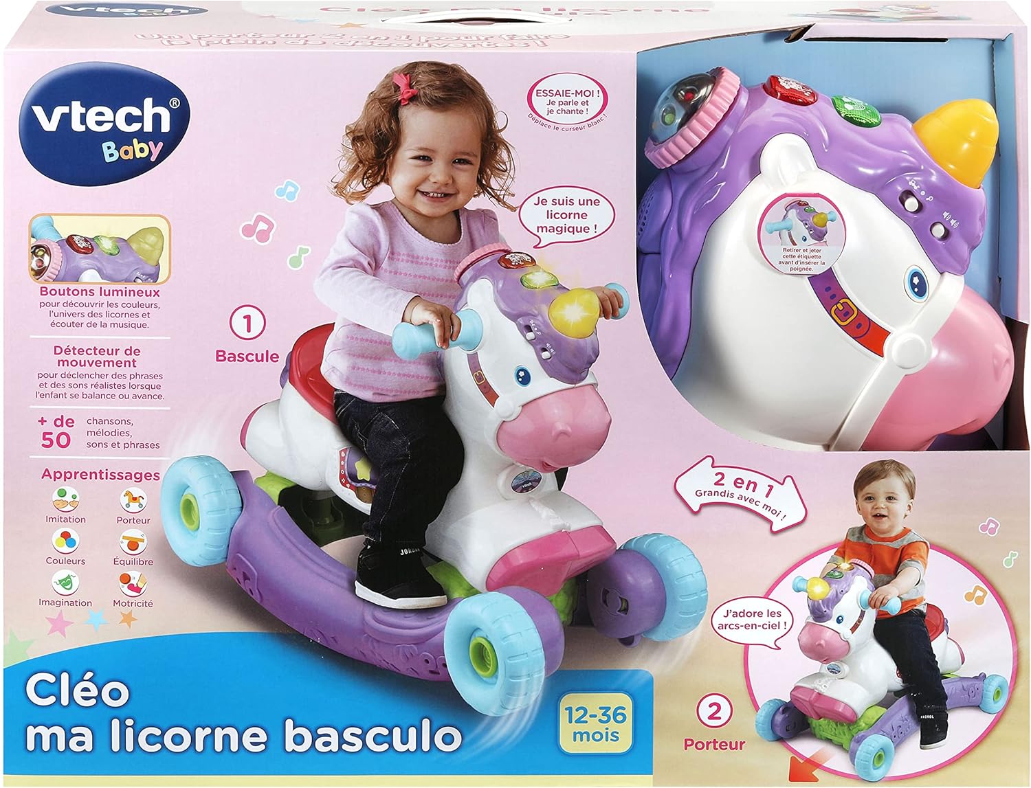 Porteur Trotteur à Bascule - VTECH BABY - Cléo Ma Licorne Basculo 2en1 - Parlant et Lumineux - Rose