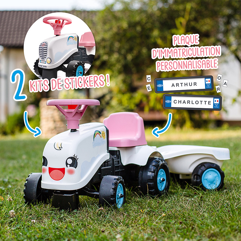 Porteur Trotteur  Tracteur Rainbow Farm avec remorque - FALK - Pour filles des 1 an - Formes rondes et couleurs pastels