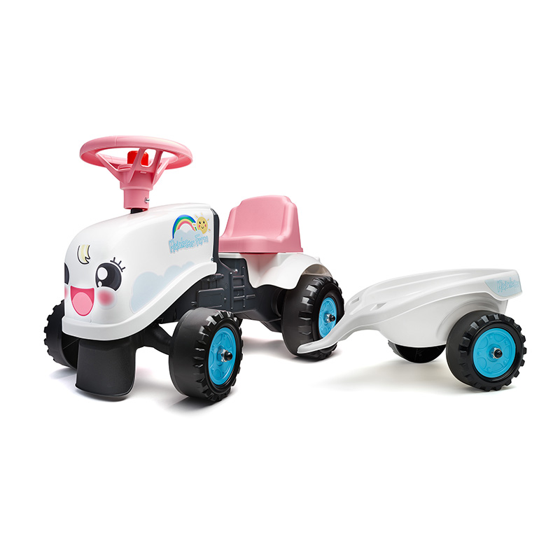 Porteur Trotteur  Tracteur Rainbow Farm avec remorque - FALK - Pour filles des 1 an - Formes rondes et couleurs pastels