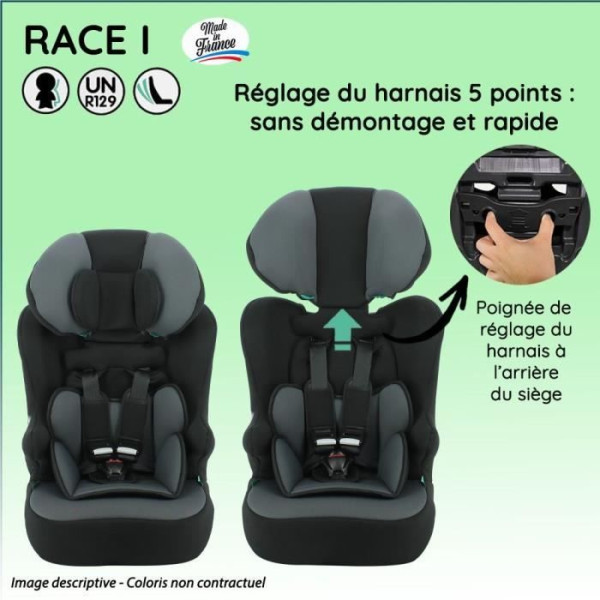 Siege Auto  ceinturé NANIA RACE I 76-140 cm R129 ‚Äì de 3 a 10 ans ‚Äì Tetiere régable - Base inclinable - Gris - Fabrication F