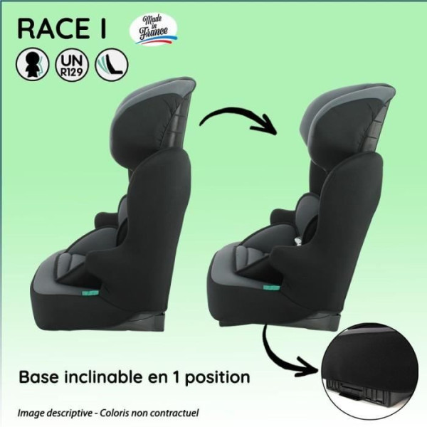 Siege Auto  ceinturé NANIA RACE I 76-140 cm R129 ‚Äì de 3 a 10 ans ‚Äì Tetiere régable - Base inclinable - Gris - Fabrication F