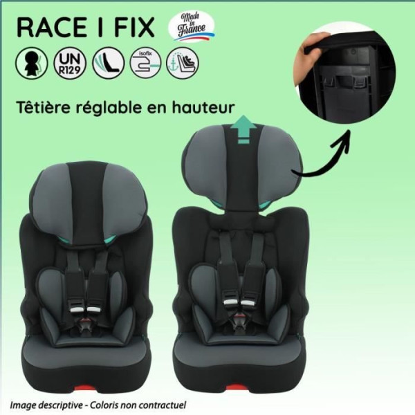 Siege Auto  isofix NANIA RACE I FIX 76-140 cm R129 ‚Äìde 3 a 10 ans ‚Äì Tetiere réglable - Base inclinable - Noir - Fabrication