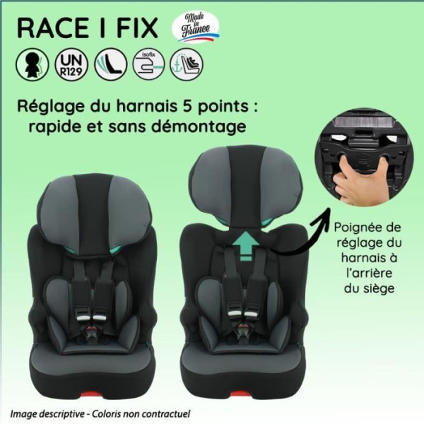 Siege Auto  isofix NANIA RACE I FIX 76-140 cm R129 ‚Äìde 3 a 10 ans ‚Äì Tetiere réglable - Base inclinable - Noir - Fabrication