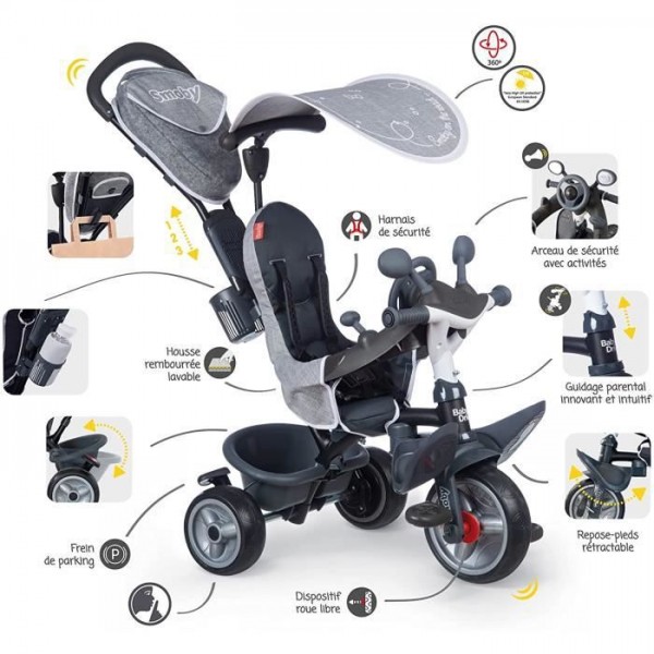 SMOBY Tricycle enfant évolutif Baby Driver Plus - Structure métal - Gris