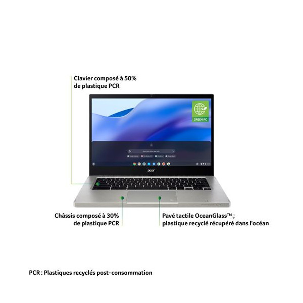 PC portable Acer Chromebook Vero 14" Intel Core i3 1215U 8 Go RAM 128 Go SSD Gris