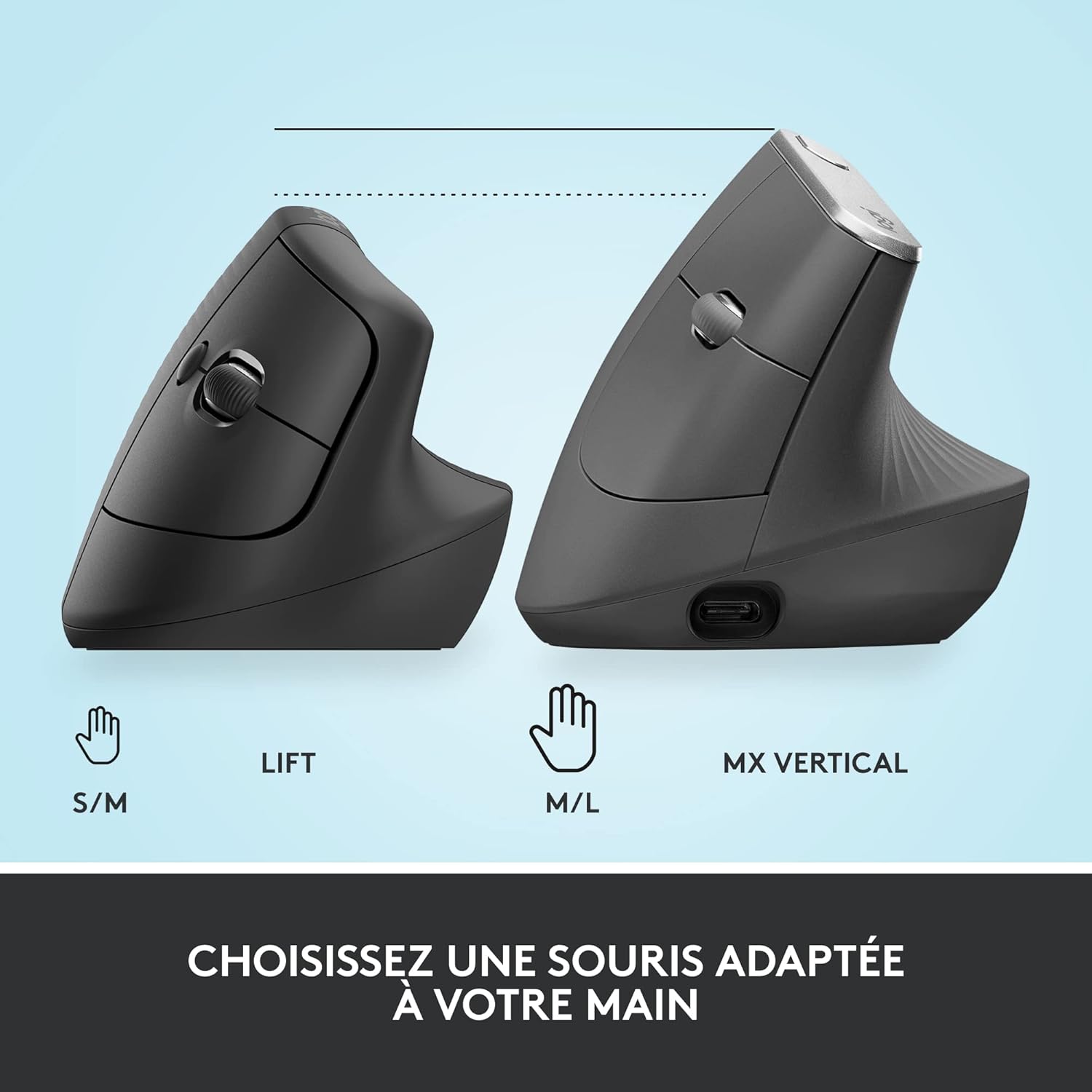 Souris Sans Fil Logitech Lift Ergonomique Verticale, Bluetooth ou récepteur USB Logi Bolt, Silencieuse - Graphite