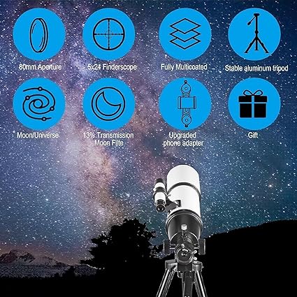 CELTICBIRD Télescope 80 mm, Ouverture 600 mm pour Adultes Débutants en Astronomie – Télescope Réfracteur Astronomique Portable entièrement Multicouche à Haute Transmission, Monture AZ