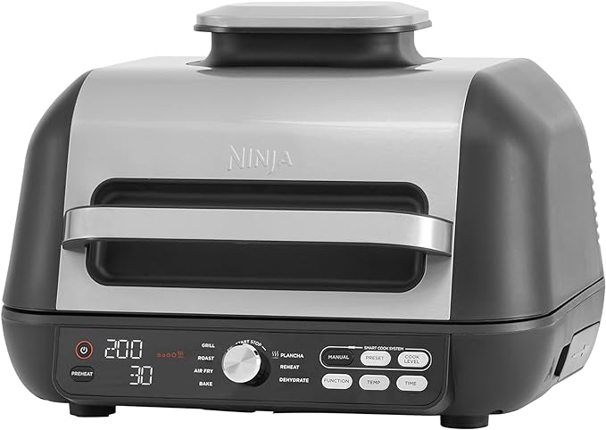 Ninja Foodi MAX PRO Grill, Plancha et Friteuse à air avec sonde de cuisson numérique, 3,8L, 7-en-1, Grill, Air Fryer, Cuire, Rôtir, Argent/Noir (AG651EU)