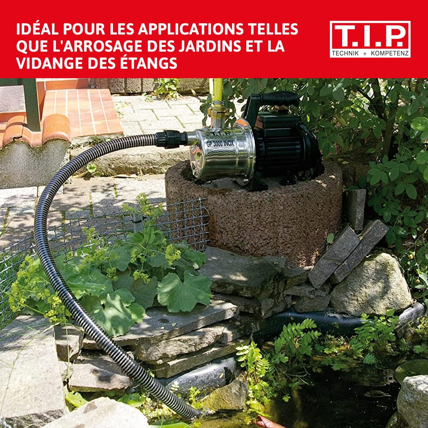 T.I.P. Cleanjet 1000 Pompe de Jardin Acier Inoxidable avec Kit d'aspiration Débit 3300 l/h