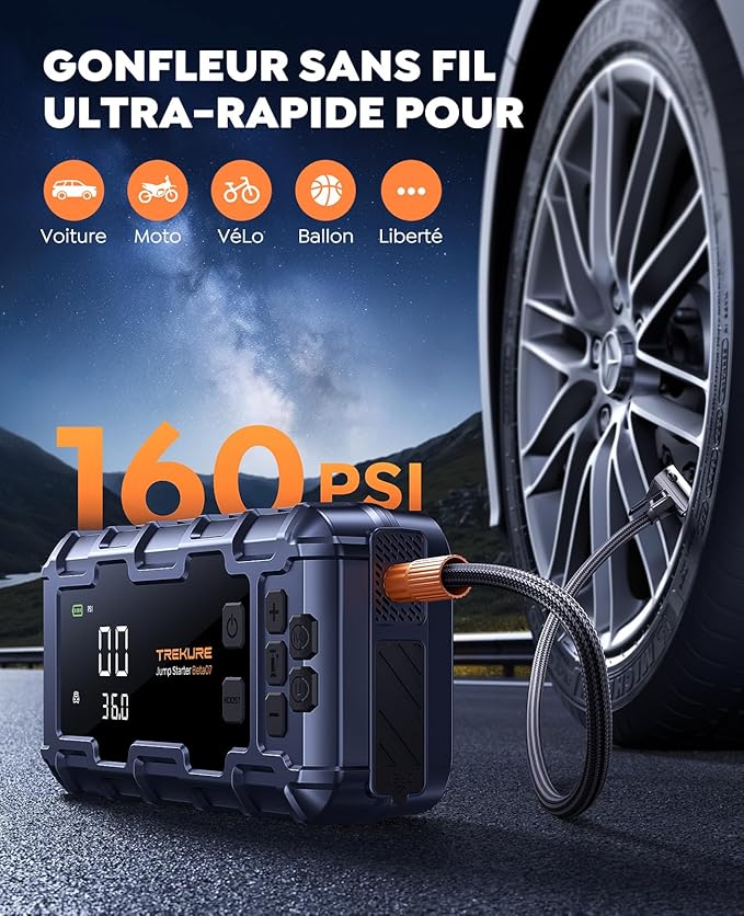 TREKURE 10-in-1 Booster Batterie Voiture 6000A – Démarreur avec Compresseur 160 PSI, 26800 mAh, 45W Charge Rapide, 600 LED, Grand Écran – 12V Jump Starter pour Tous Gaz et 12L Diesel