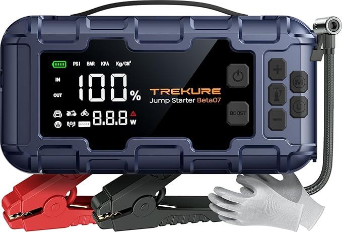 TREKURE 10-in-1 Booster Batterie Voiture 6000A – Démarreur avec Compresseur 160 PSI, 26800 mAh, 45W Charge Rapide, 600 LED, Grand Écran – 12V Jump Starter pour Tous Gaz et 12L Diesel