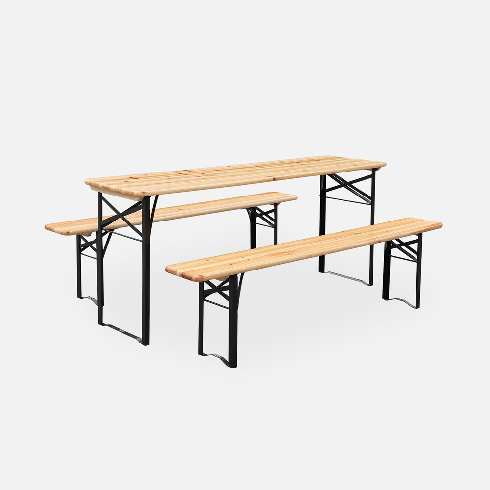 Table de jardin pliable bois de sapin 2 bancs pliables 6 places