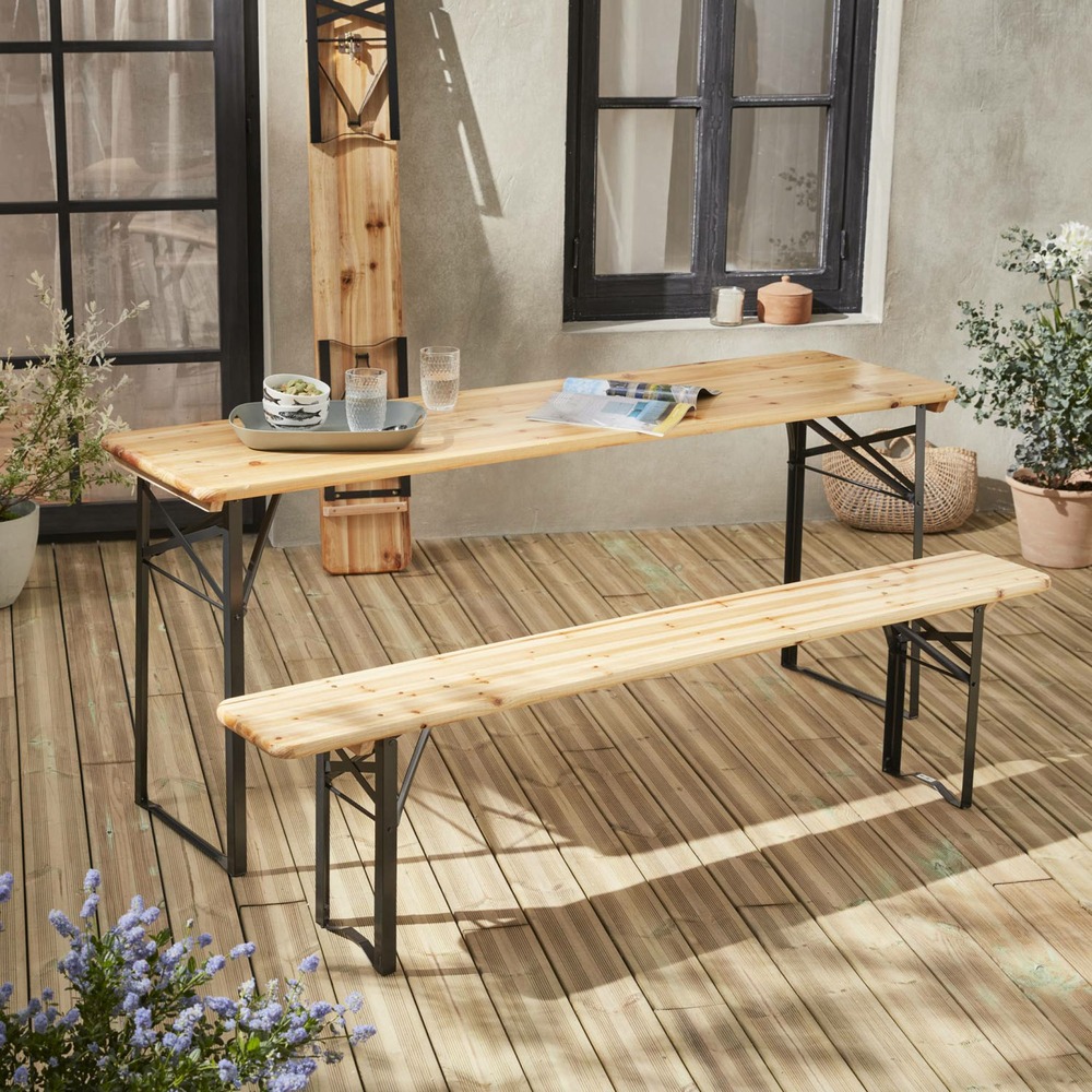 Table de jardin pliable bois de sapin 2 bancs pliables 6 places