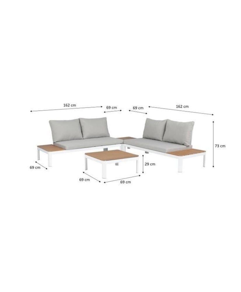 Salon de jardin modulable, en aluminium couleur blanc et polywood - 4 personnes avec coussins gris - SANTANA