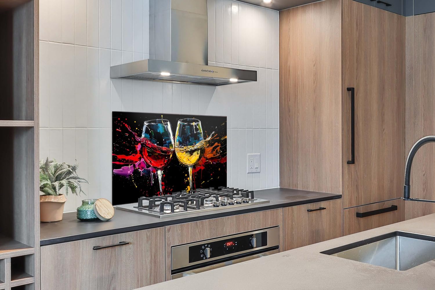 Fond de Hotte 100×65 cm Aluminium – Crédence Cuisine Anti-Projection Verre à Vin Art Abstrait Noir