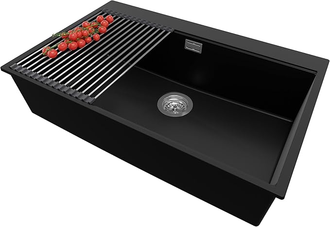 Oslo Top Primagran Évier de Cuisine Granit Noir 78×50 cm 1 Bac – Kit de Vidage & Accessoires