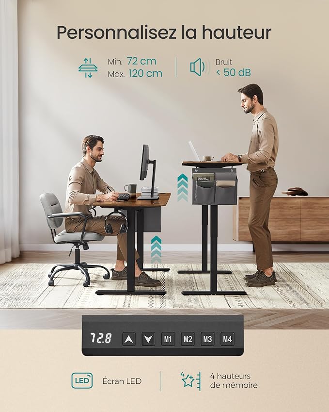 SONGMICS Bureau Électrique Réglable en Hauteur 160×70 cm – Table Assis-Debout Mémoire 4 Positions, Marron Rustique LSD136K01