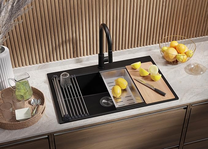 Oslo Top Primagran Évier de Cuisine Granit Noir 78×50 cm 1 Bac – Kit de Vidage & Accessoires